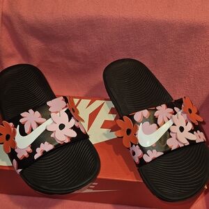 Nike Kids Black Sandals with Pink and Red Floral Design